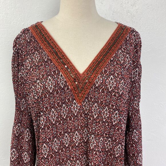 Catherines Womens Tunic Blouse 14/16 0X Boho Pleated Beaded 3/4 Bell Sleeves - Picture 2 of 10